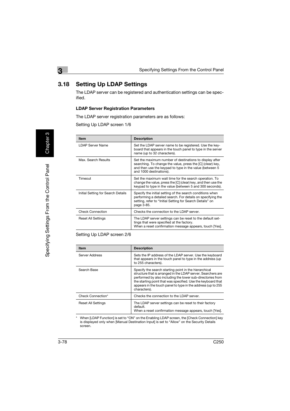 18 setting up ldap settings, Ldap server registration parameters, Setting up ldap settings -78 | Ldap server registration parameters -78 | Konica Minolta bizhub C250 User Manual | Page 189 / 396