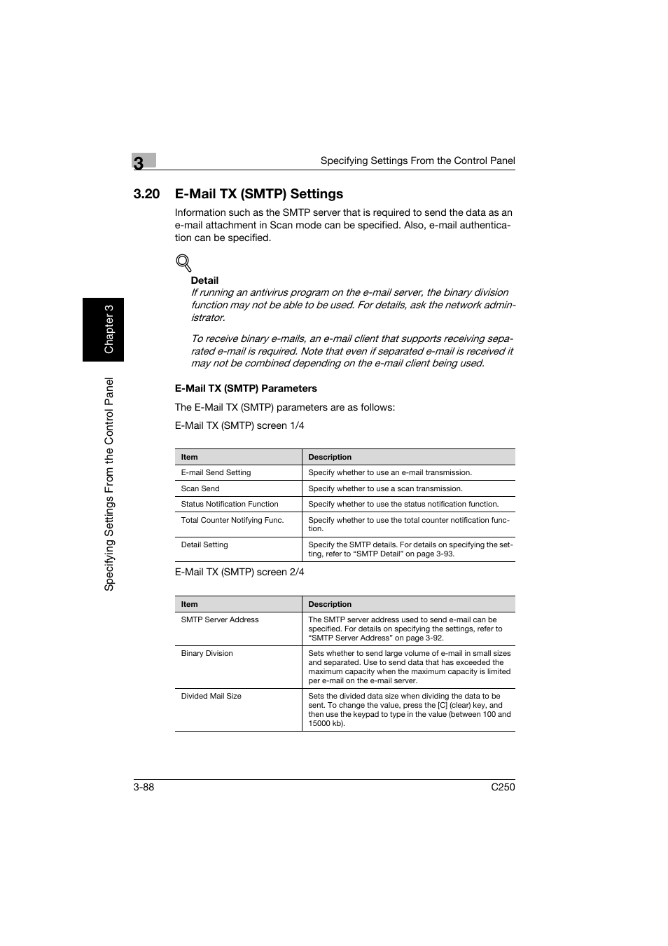 20 e-mail tx (smtp) settings, E-mail tx (smtp) parameters, E-mail tx (smtp) settings -88 | E-mail tx (smtp) parameters -88 | Konica Minolta bizhub C250 User Manual | Page 199 / 396