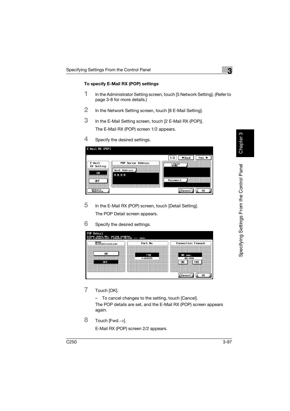 To specify e-mail rx (pop) settings, To specify e-mail rx (pop) settings -97 | Konica Minolta bizhub C250 User Manual | Page 208 / 396