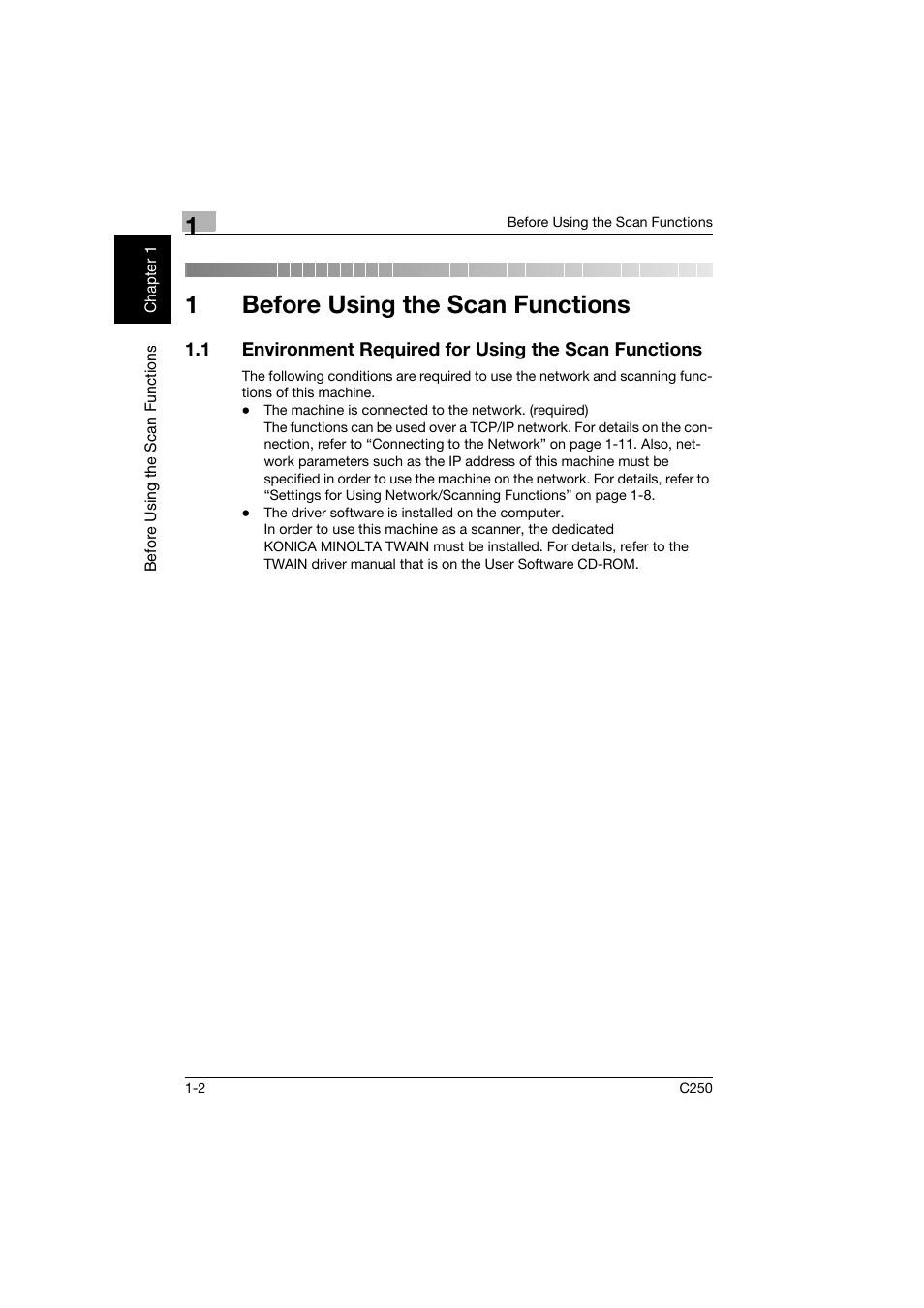 1 before using the scan functions, Before using the scan functions, 1before using the scan functions | Konica Minolta bizhub C250 User Manual | Page 21 / 396
