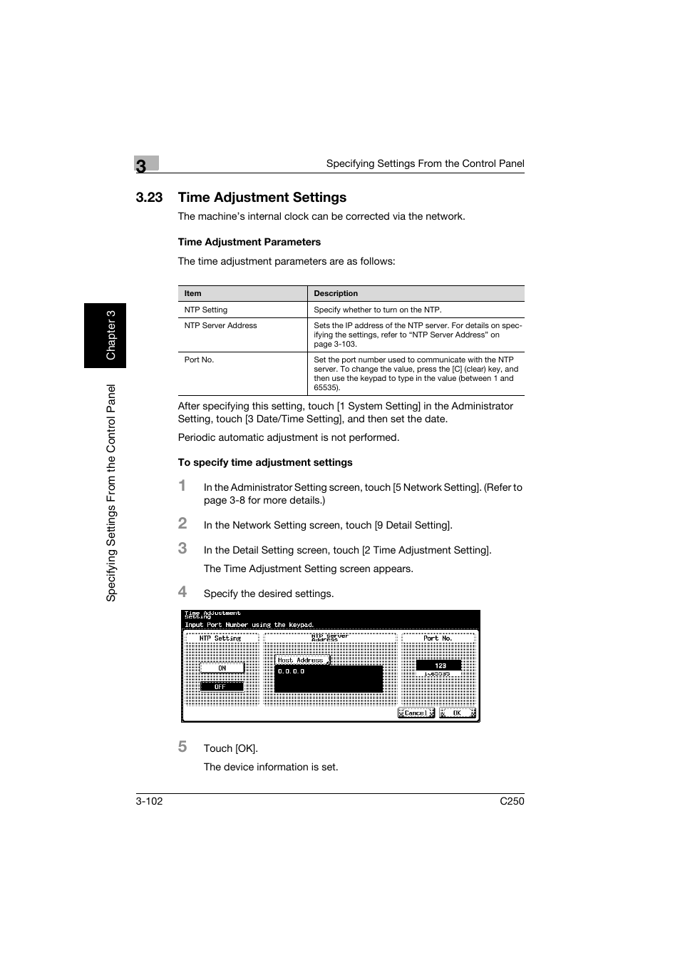 23 time adjustment settings, Time adjustment parameters, To specify time adjustment settings | Time adjustment settings -102 | Konica Minolta bizhub C250 User Manual | Page 213 / 396