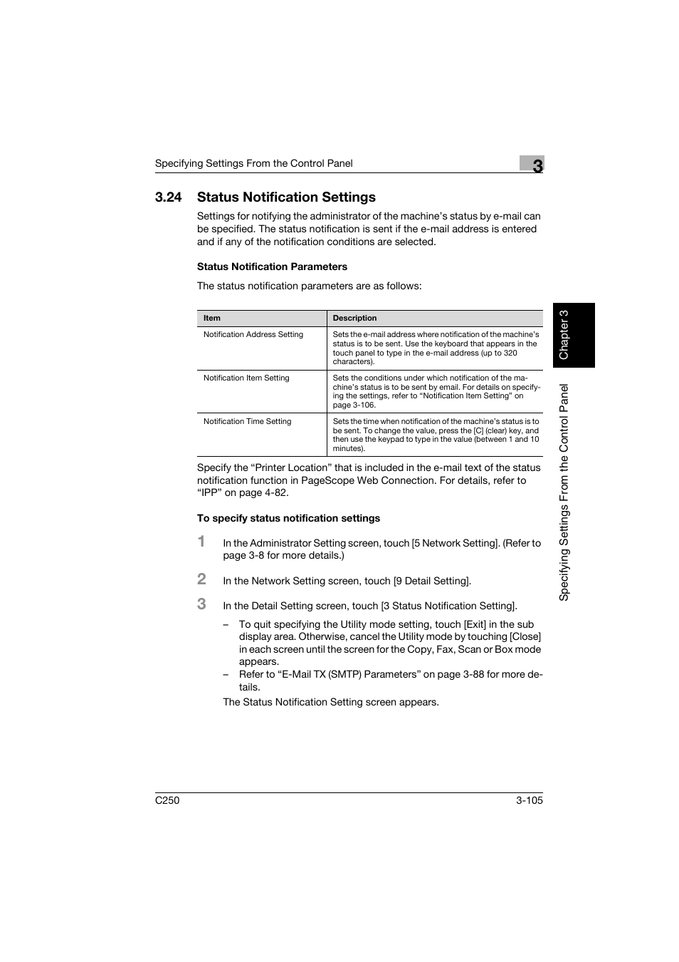 24 status notification settings, Status notification parameters, To specify status notification settings | Status notification settings -105 | Konica Minolta bizhub C250 User Manual | Page 216 / 396