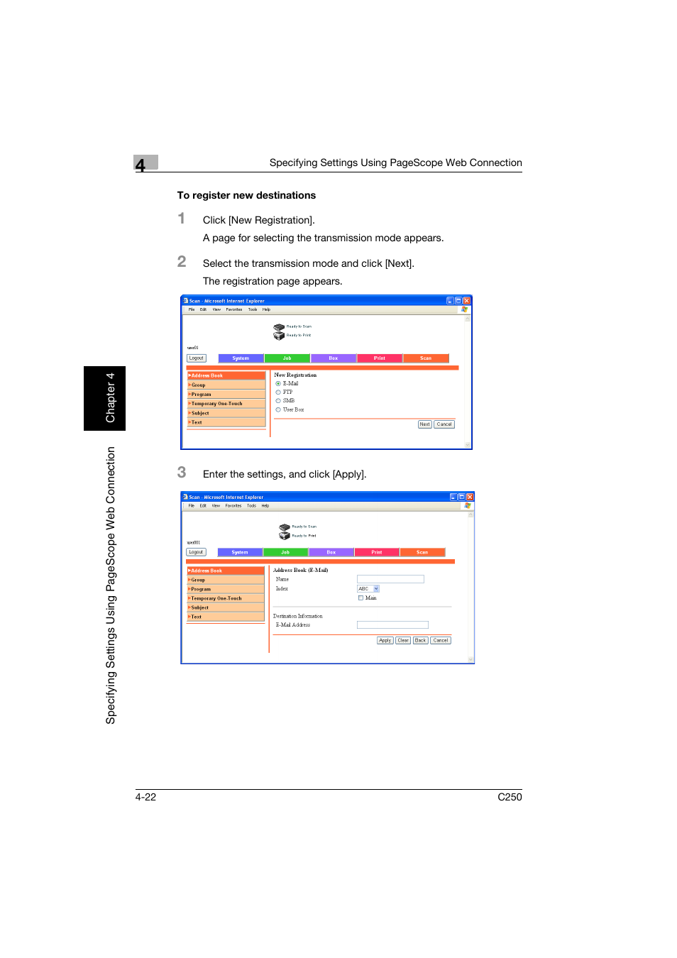 To register new destinations, To register new destinations -22 | Konica Minolta bizhub C250 User Manual | Page 281 / 396