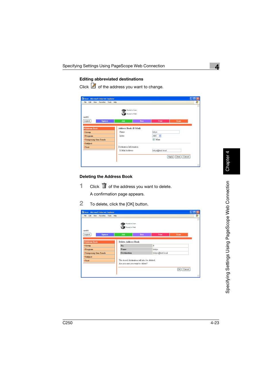 Editing abbreviated destinations, Deleting the address book | Konica Minolta bizhub C250 User Manual | Page 282 / 396