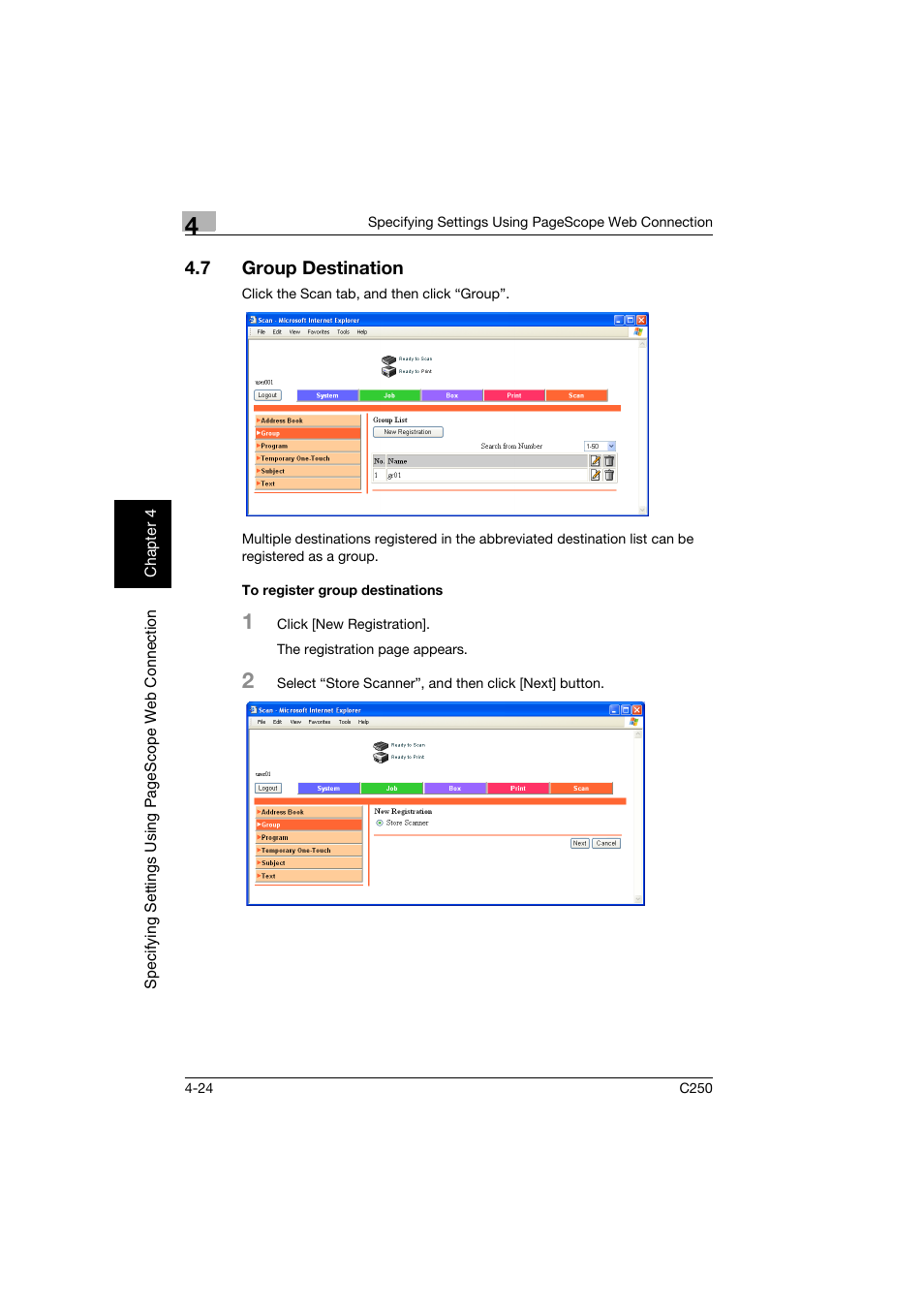 7 group destination, To register group destinations, Group destination -24 | To register group destinations -24 | Konica Minolta bizhub C250 User Manual | Page 283 / 396