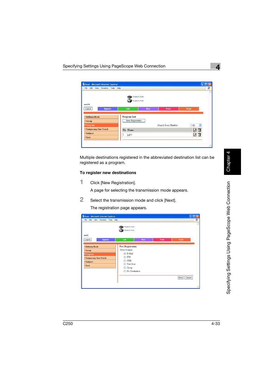 To register new destinations, To register new destinations -33 | Konica Minolta bizhub C250 User Manual | Page 292 / 396
