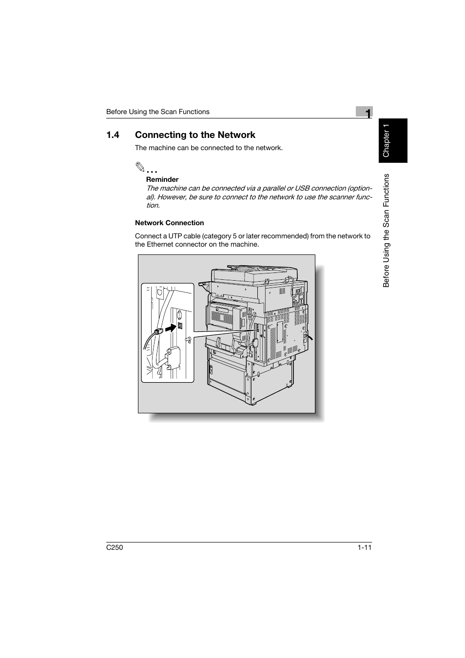 4 connecting to the network, Network connection, Connecting to the network -11 | Network connection -11 | Konica Minolta bizhub C250 User Manual | Page 30 / 396