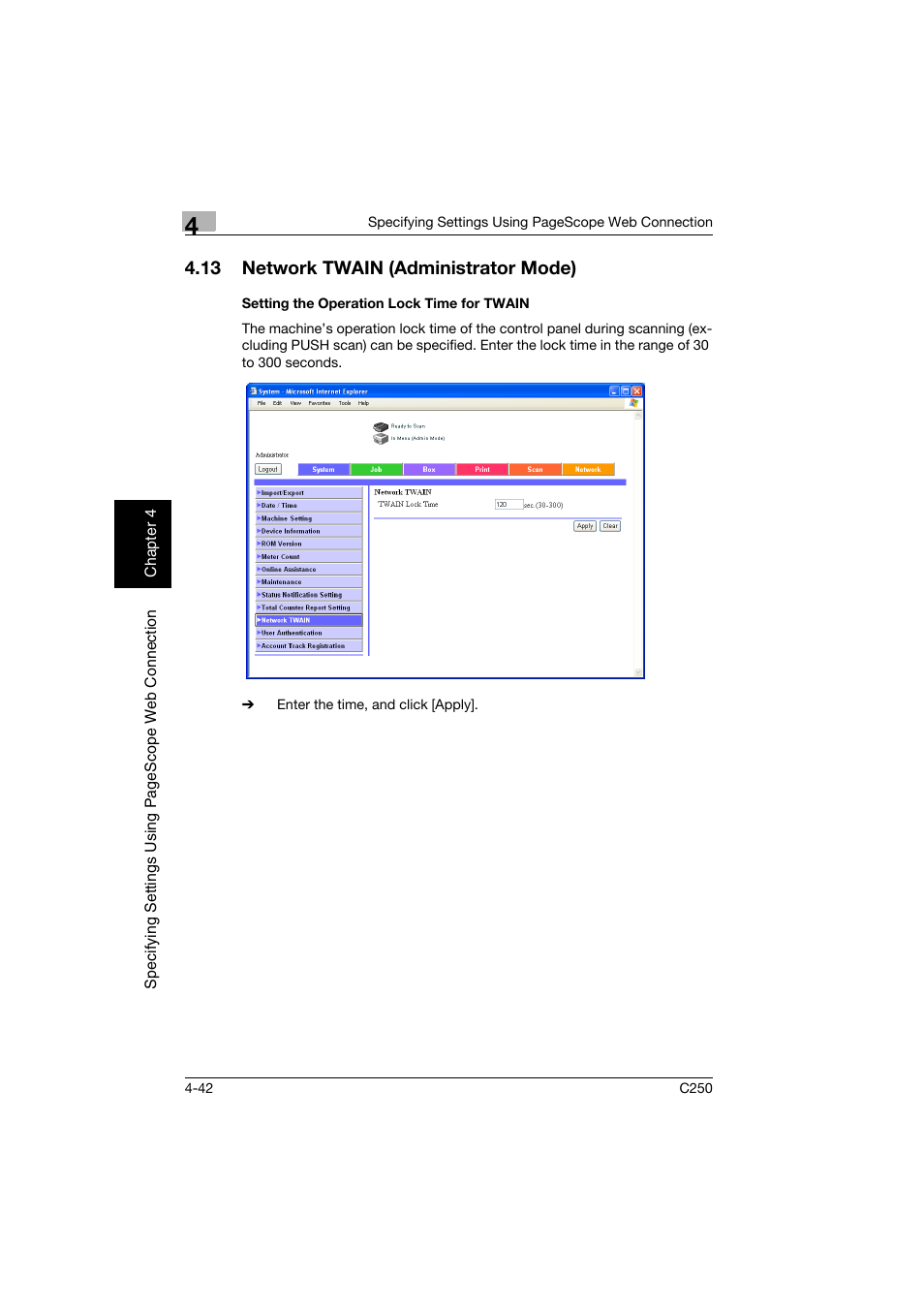 13 network twain (administrator mode), Setting the operation lock time for twain, Network twain (administrator mode) -42 | Setting the operation lock time for twain -42 | Konica Minolta bizhub C250 User Manual | Page 301 / 396