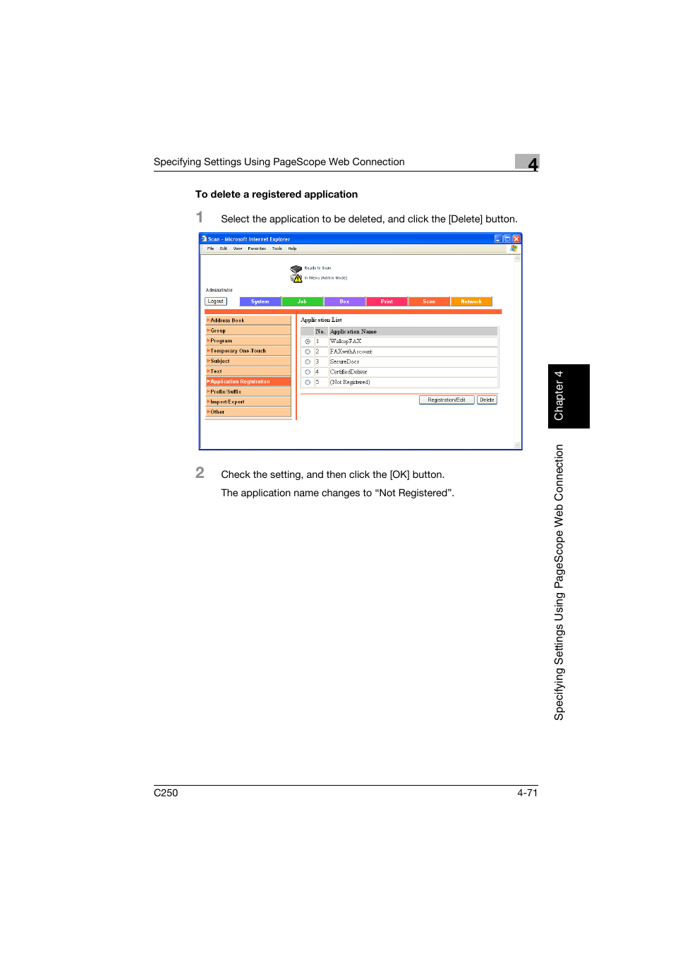To delete a registered application, To delete a registered application -71 | Konica Minolta bizhub C250 User Manual | Page 330 / 396