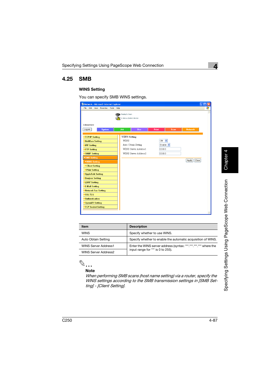 25 smb, Wins setting, Smb -87 | Wins setting -87 | Konica Minolta bizhub C250 User Manual | Page 346 / 396