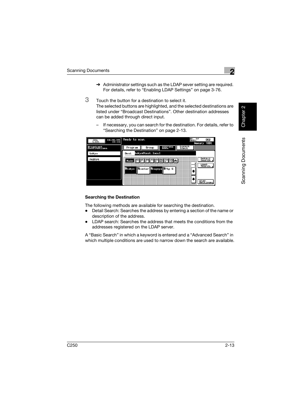 Searching the destination, Searching the destination -13 | Konica Minolta bizhub C250 User Manual | Page 46 / 396