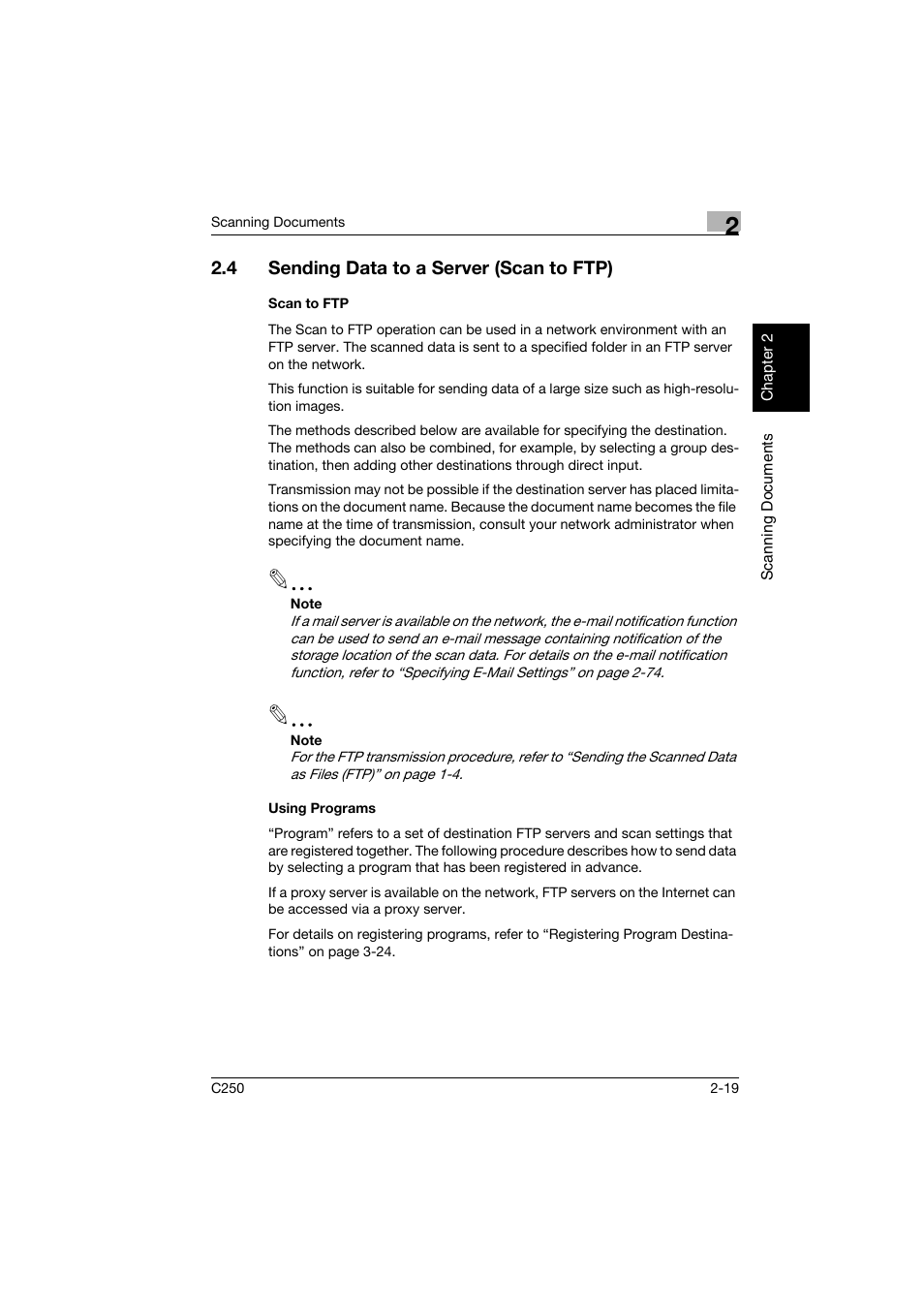 4 sending data to a server (scan to ftp), Scan to ftp, Using programs | Sending data to a server (scan to ftp) -19, Scan to ftp -19 using programs -19 | Konica Minolta bizhub C250 User Manual | Page 52 / 396