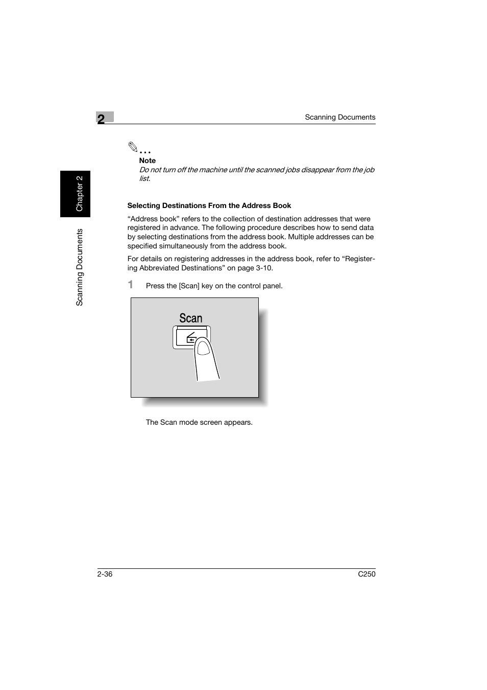 Selecting destinations from the address book, Selecting destinations from the address book -36, Scan | Konica Minolta bizhub C250 User Manual | Page 69 / 396