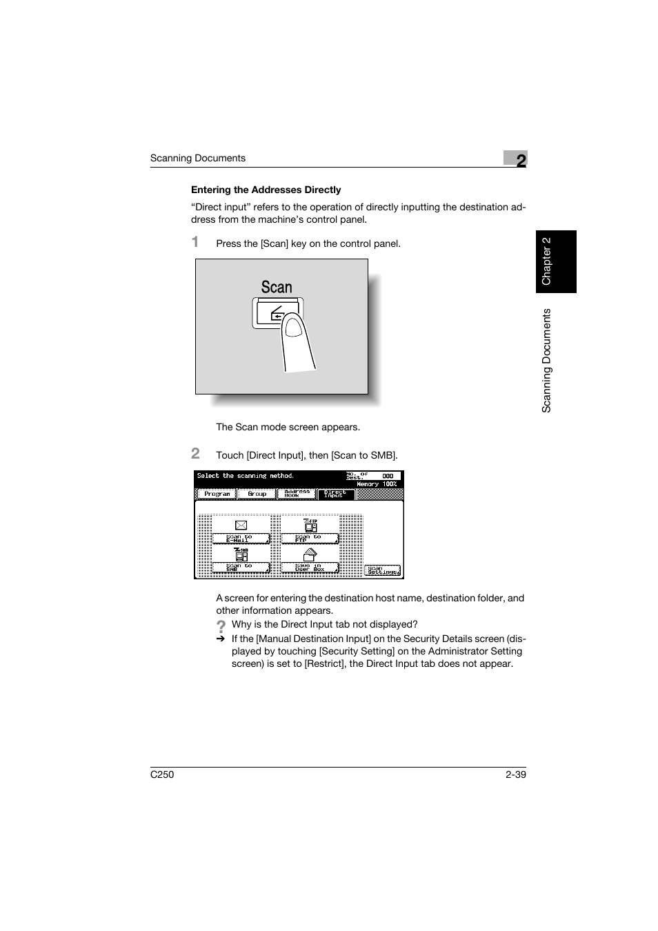 Entering the addresses directly, Entering the addresses directly -39, Scan | Konica Minolta bizhub C250 User Manual | Page 72 / 396