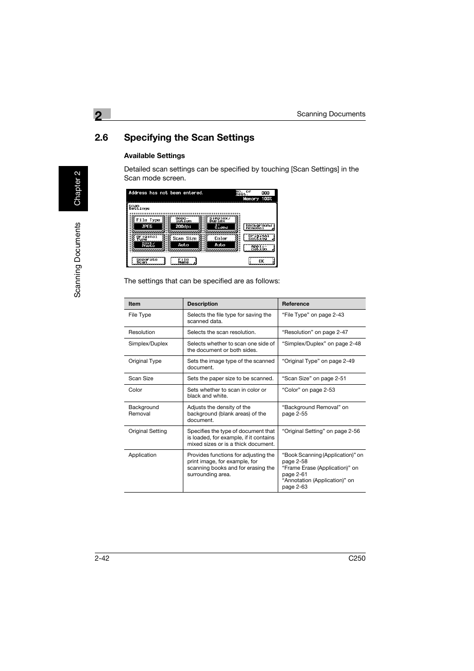 6 specifying the scan settings, Available settings, Specifying the scan settings -42 | Available settings -42, Scan nin g do cu men ts chapter 2 | Konica Minolta bizhub C250 User Manual | Page 75 / 396
