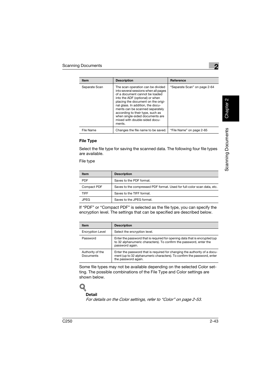 File type, File type -43, Scan nin g do cu men ts chapter 2 | Konica Minolta bizhub C250 User Manual | Page 76 / 396