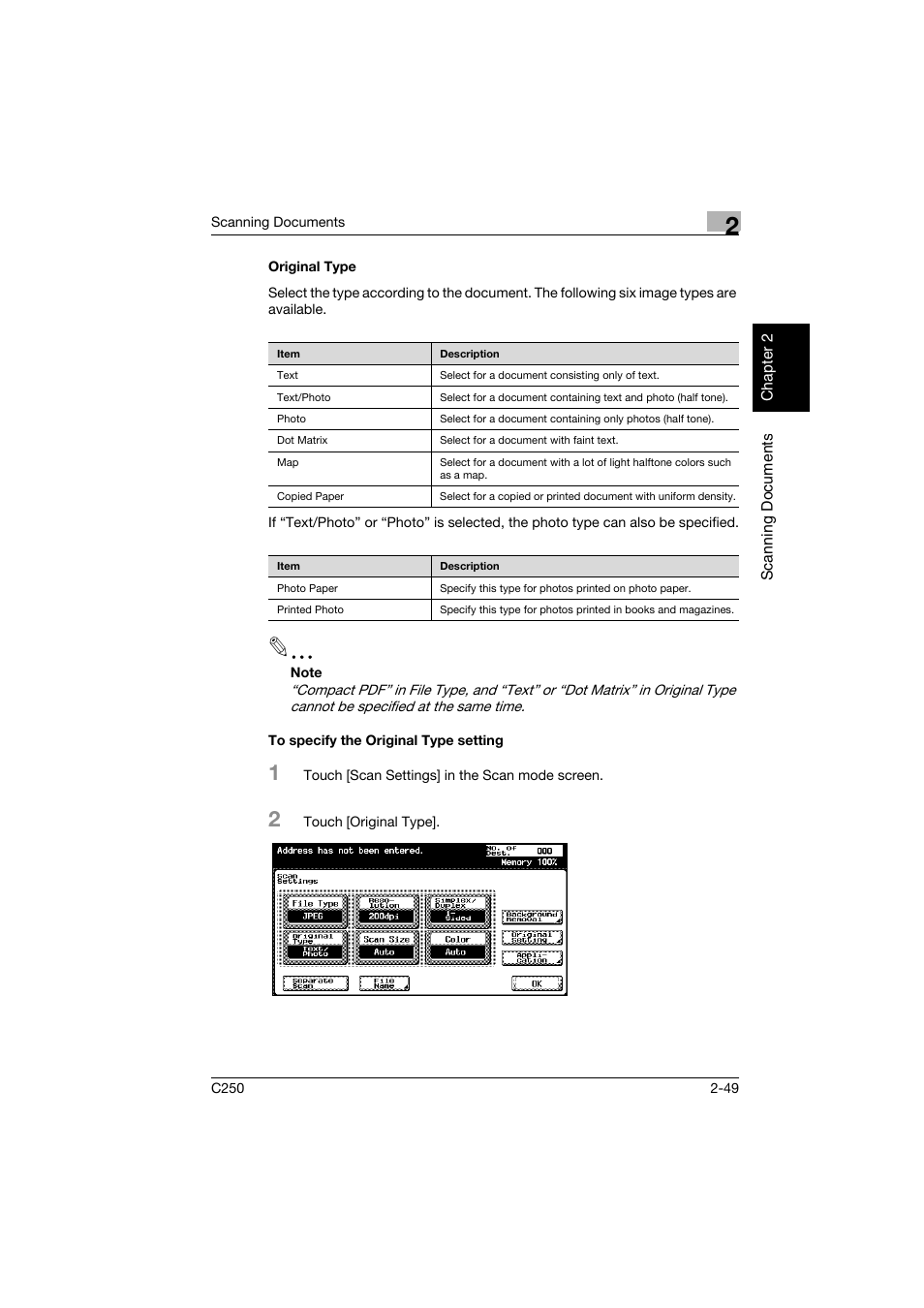 Original type, To specify the original type setting | Konica Minolta bizhub C250 User Manual | Page 82 / 396