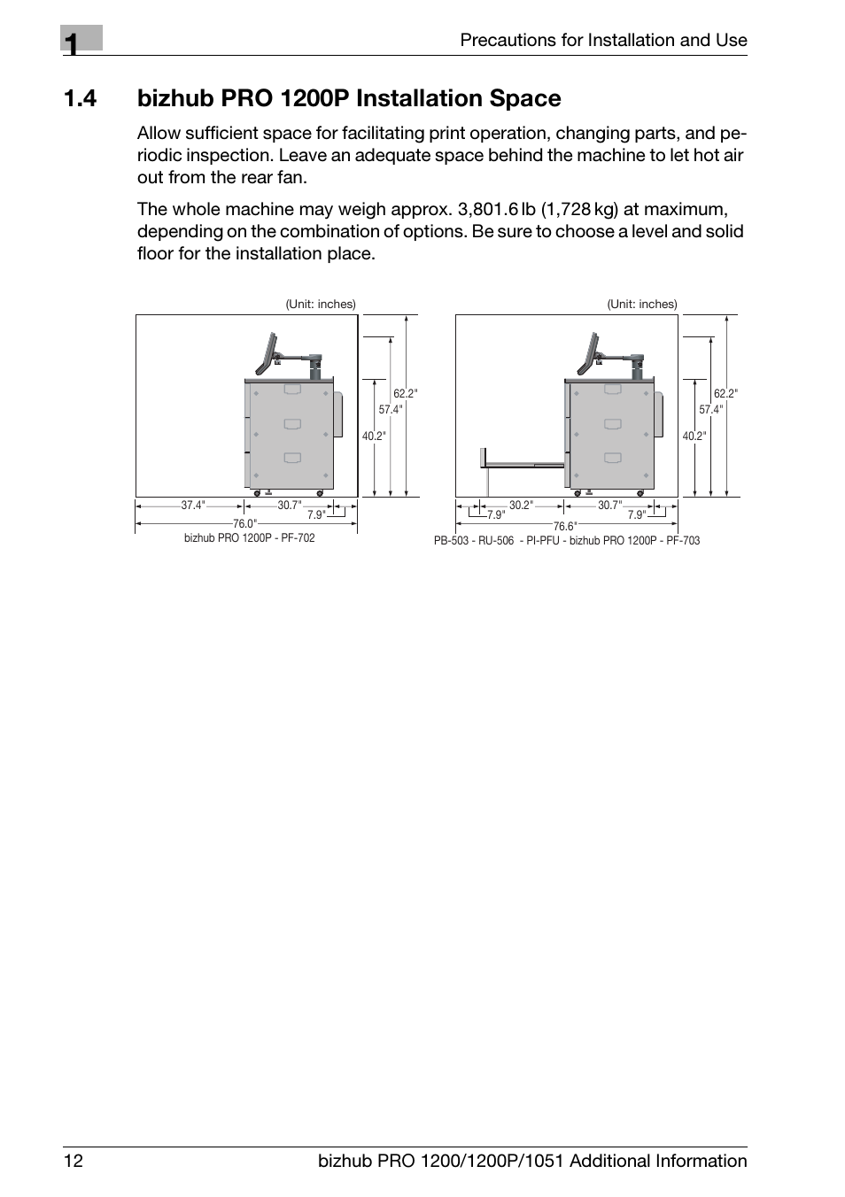 4 bizhub pro 1200p installation space, Bizhub pro 1200p installation space | Konica Minolta bizhub PRO 1200 User Manual | Page 16 / 80