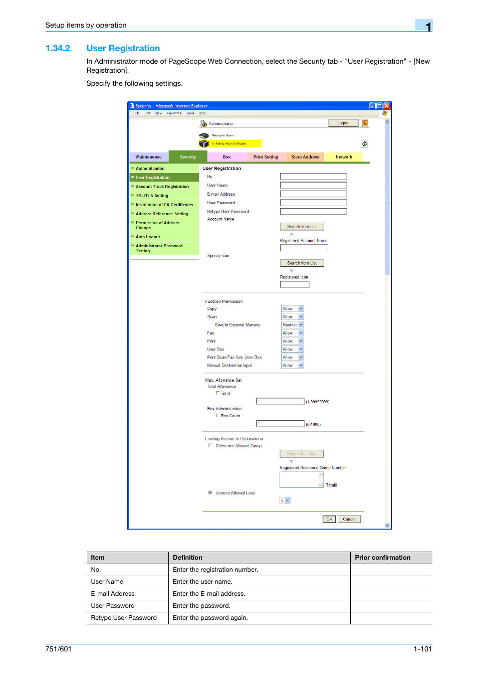 2 user registration, User registration -101, User registration | Konica Minolta bizhub 601 User Manual | Page 114 / 233