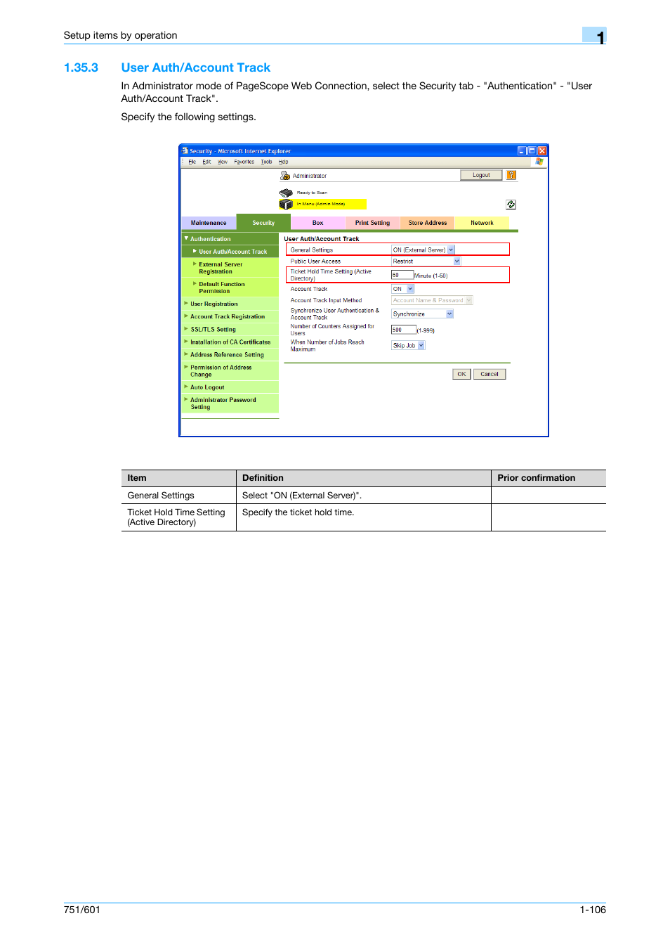 3 user auth/account track, User auth/account track -106, User auth/account track | Konica Minolta bizhub 601 User Manual | Page 119 / 233