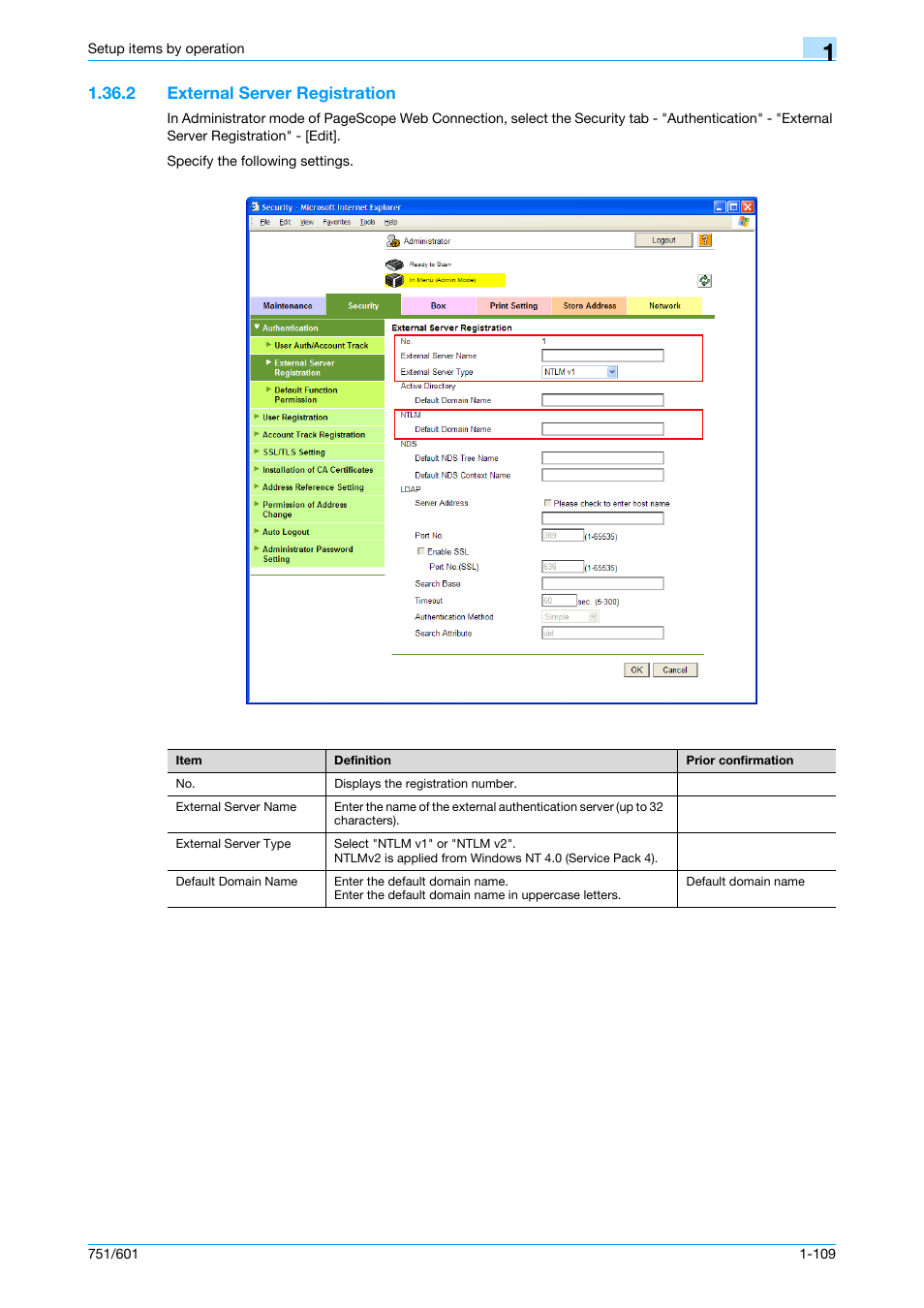 2 external server registration, External server registration -109, External server registration | Konica Minolta bizhub 601 User Manual | Page 122 / 233