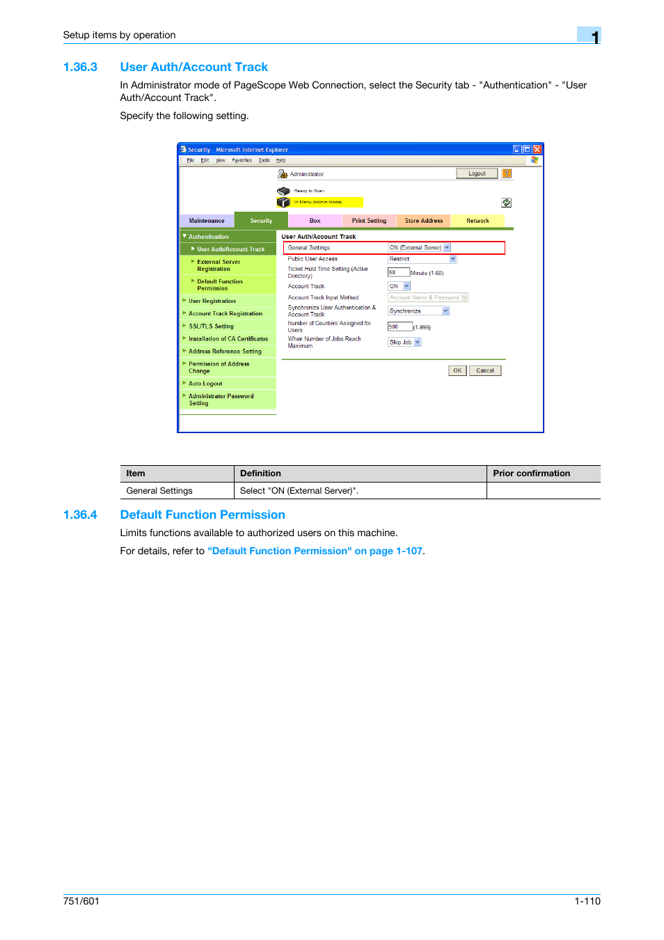 3 user auth/account track, 4 default function permission, User auth/account track -110 | Default function permission -110, User auth/account track, Default function permission | Konica Minolta bizhub 601 User Manual | Page 123 / 233