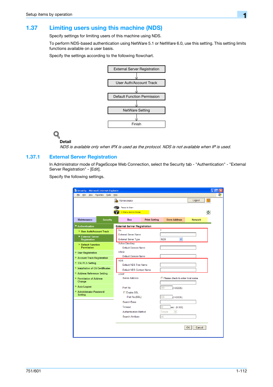 37 limiting users using this machine (nds), 1 external server registration, Limiting users using this machine (nds) -112 | External server registration -112 | Konica Minolta bizhub 601 User Manual | Page 125 / 233