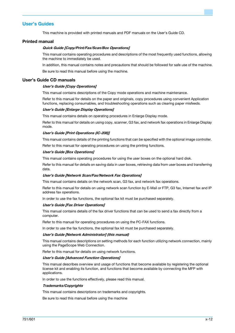 User’s guides, Printed manual, User’s guide cd manuals | Konica Minolta bizhub 601 User Manual | Page 13 / 233