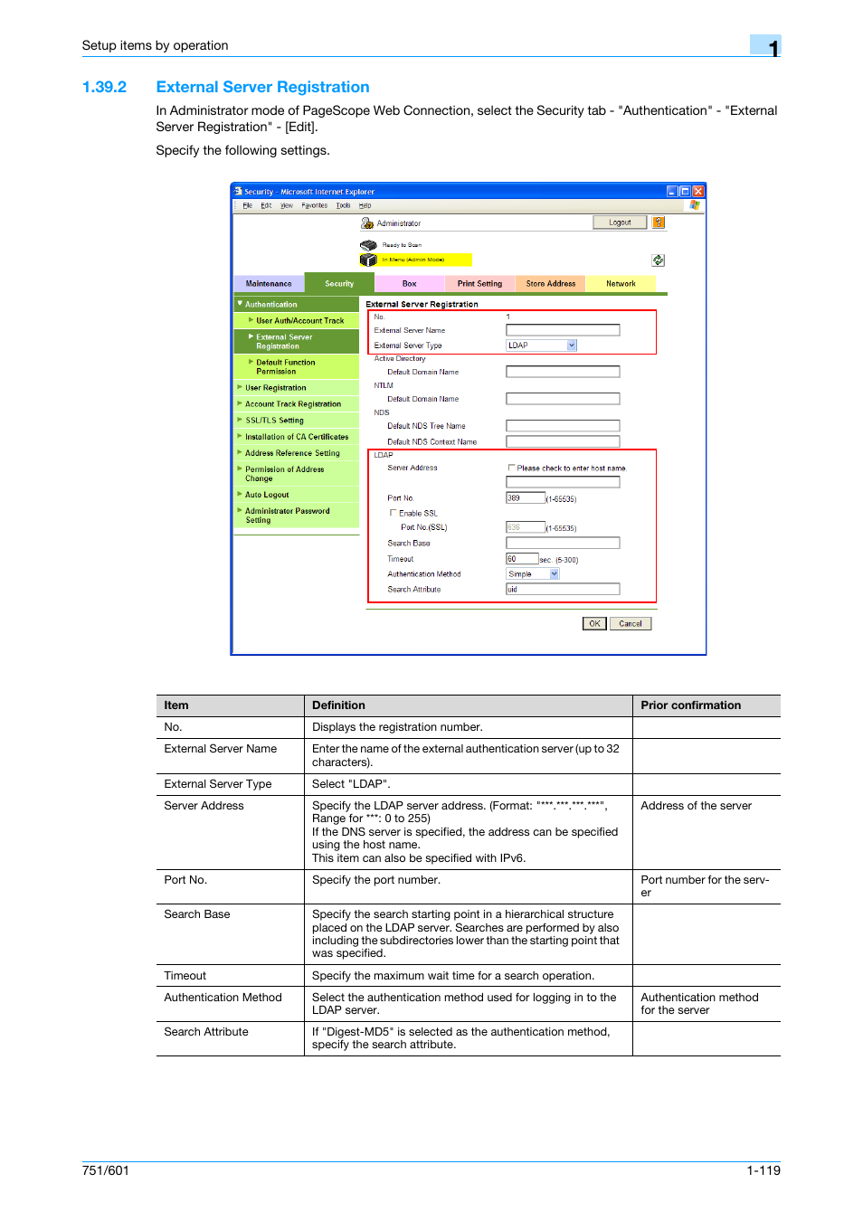 2 external server registration, External server registration -119, External server registration | Konica Minolta bizhub 601 User Manual | Page 132 / 233