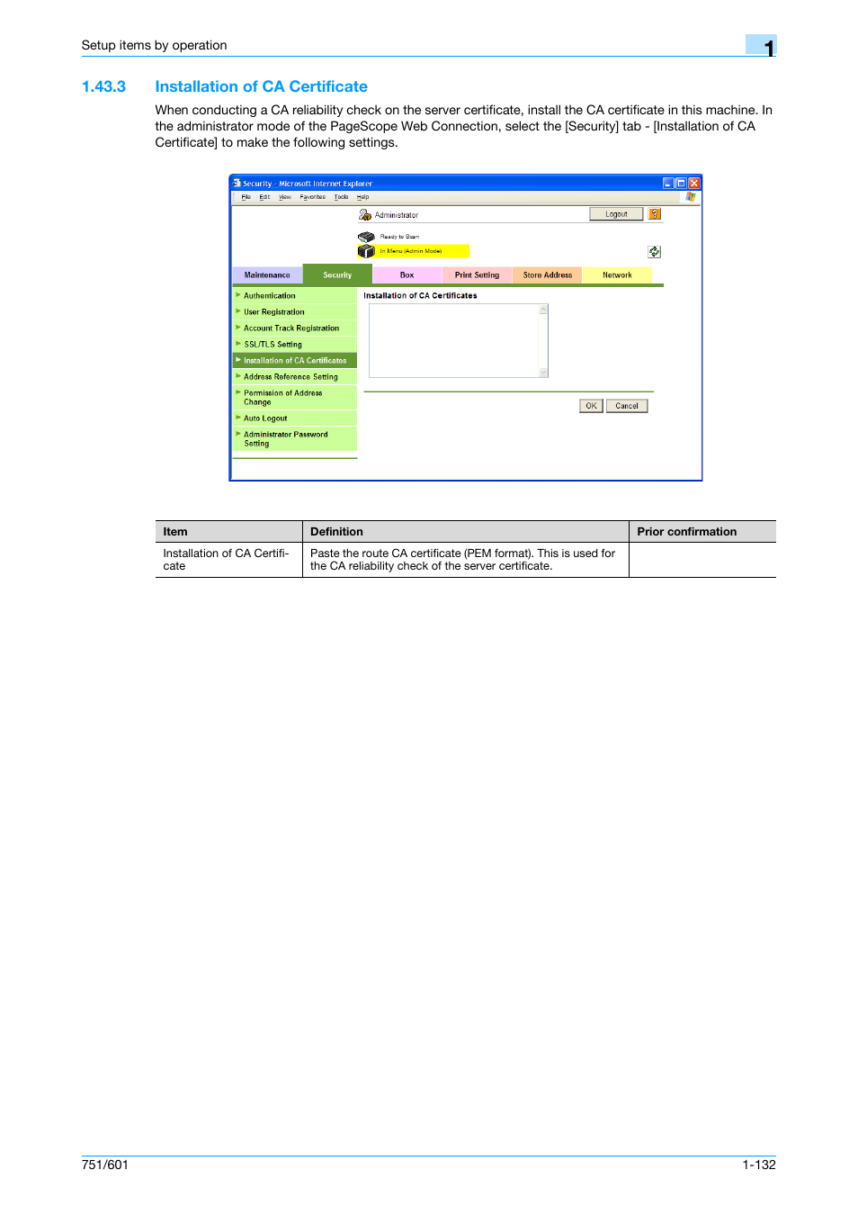 3 installation of ca certificate, Installation of ca certificate -132, Installation of ca certificate | Konica Minolta bizhub 601 User Manual | Page 145 / 233
