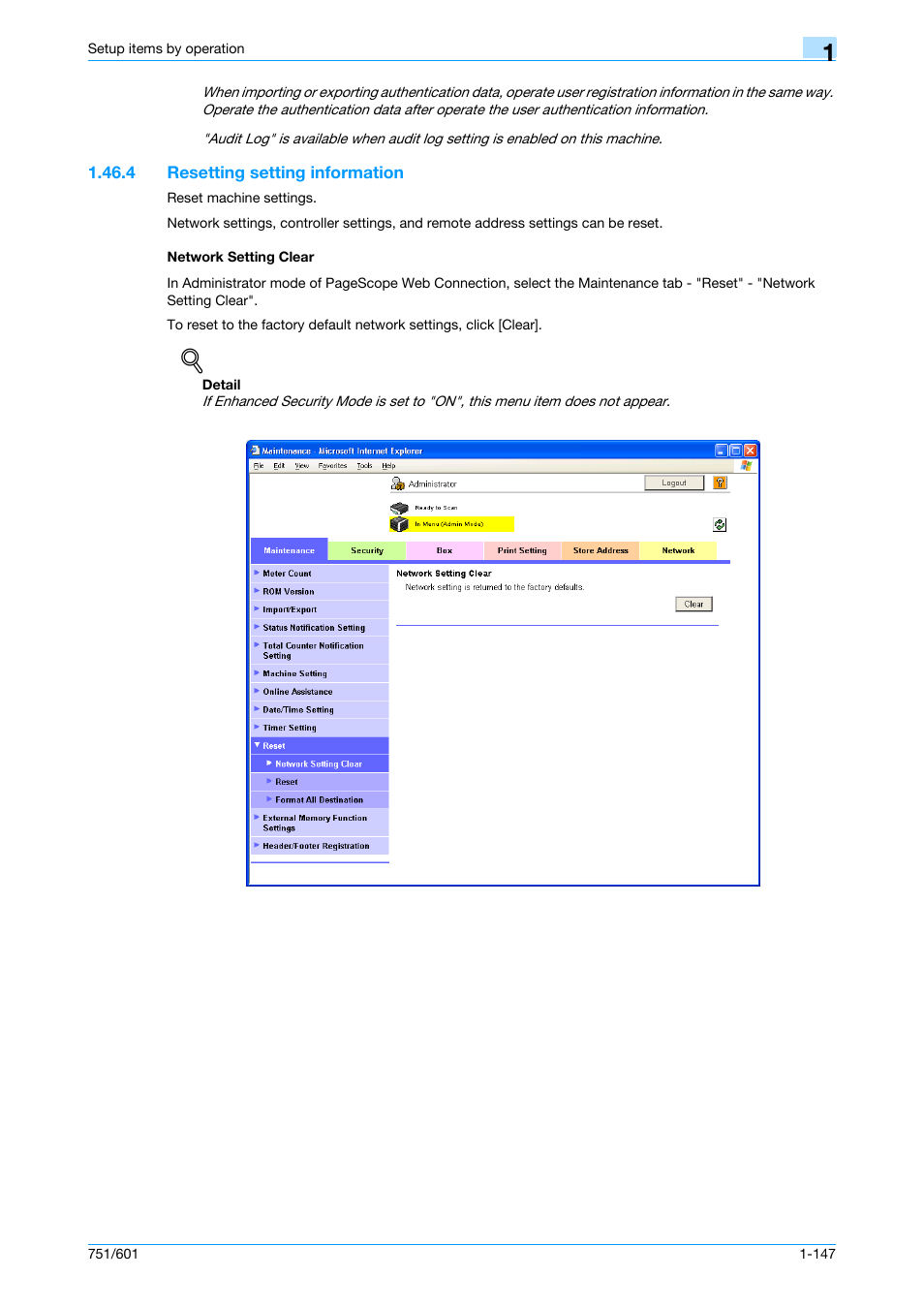 4 resetting setting information, Network setting clear | Konica Minolta bizhub 601 User Manual | Page 160 / 233