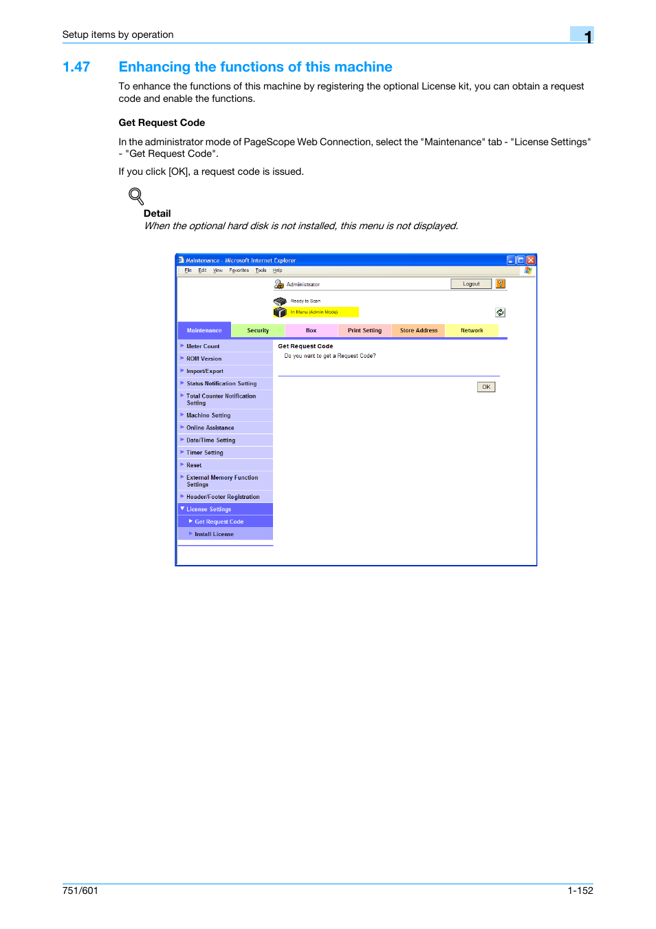 47 enhancing the functions of this machine, Get request code | Konica Minolta bizhub 601 User Manual | Page 165 / 233