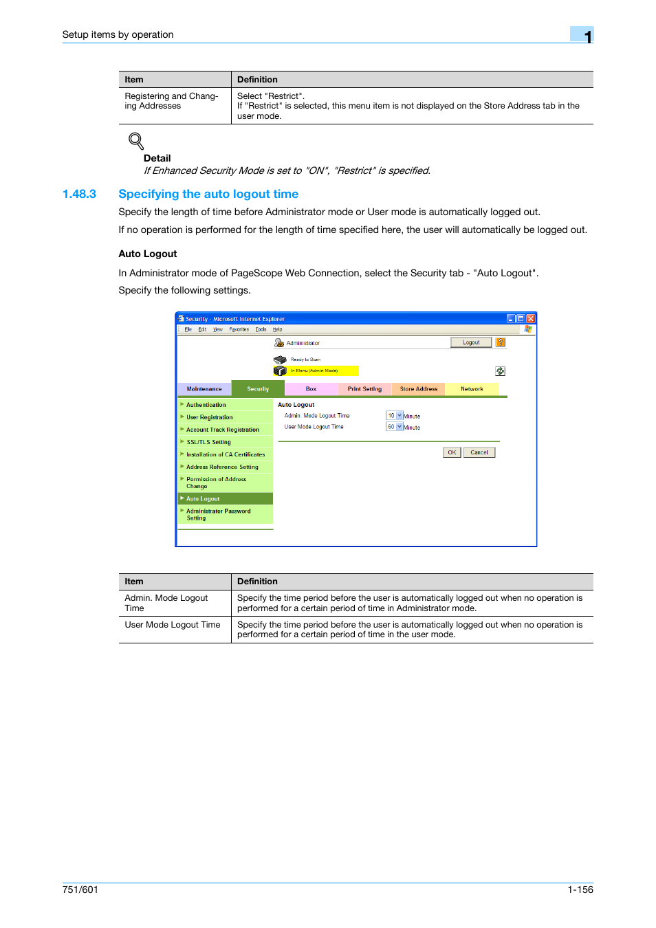 3 specifying the auto logout time, Auto logout | Konica Minolta bizhub 601 User Manual | Page 169 / 233