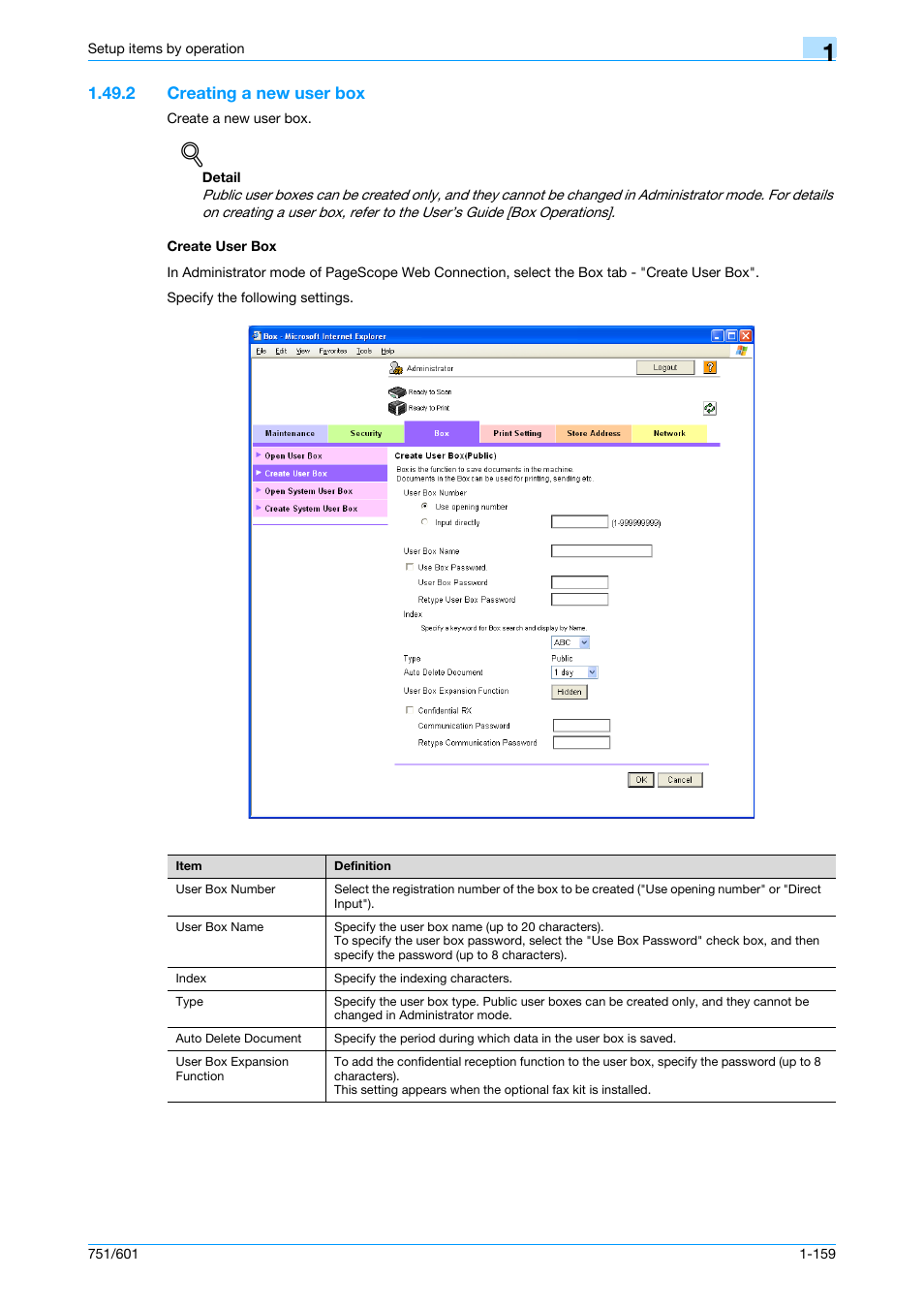 2 creating a new user box, Create user box, Creating a new user box -159 create user box -159 | Konica Minolta bizhub 601 User Manual | Page 172 / 233