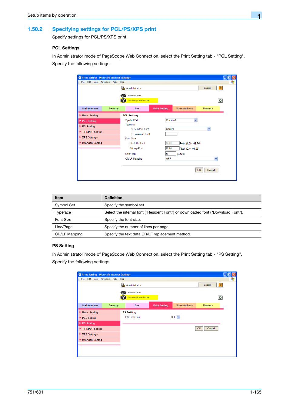 2 specifying settings for pcl/ps/xps print, Pcl settings, Ps setting | Konica Minolta bizhub 601 User Manual | Page 178 / 233
