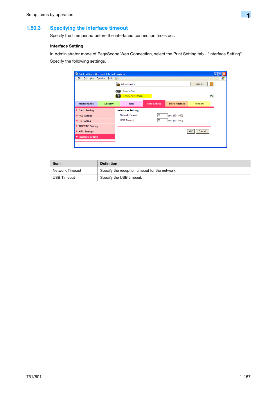 3 specifying the interface timeout, Interface setting | Konica Minolta bizhub 601 User Manual | Page 180 / 233