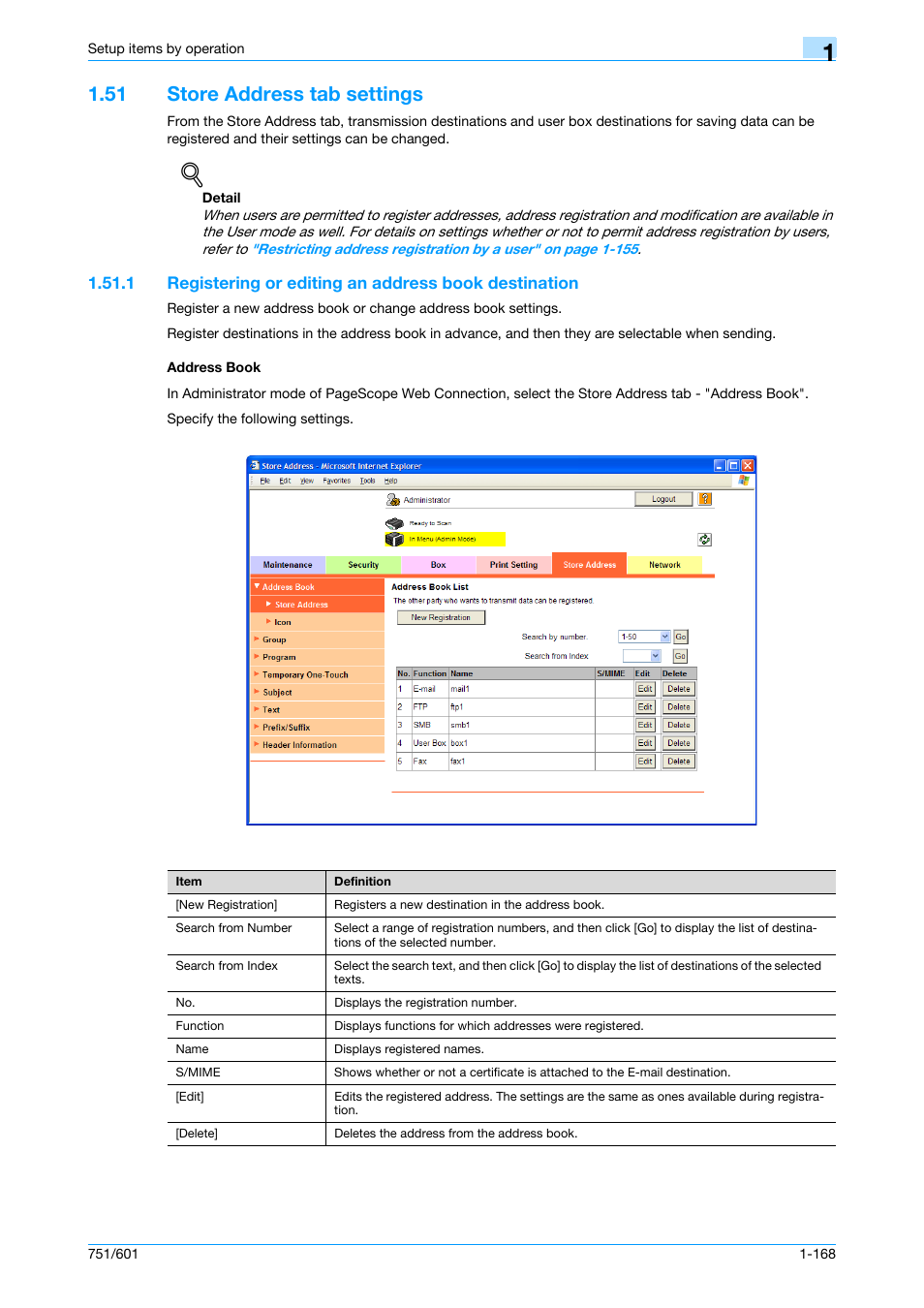 51 store address tab settings, Address book, Store address tab settings -168 | Registering or editing an address book, Es, refer to, Registering or editing an address | Konica Minolta bizhub 601 User Manual | Page 181 / 233
