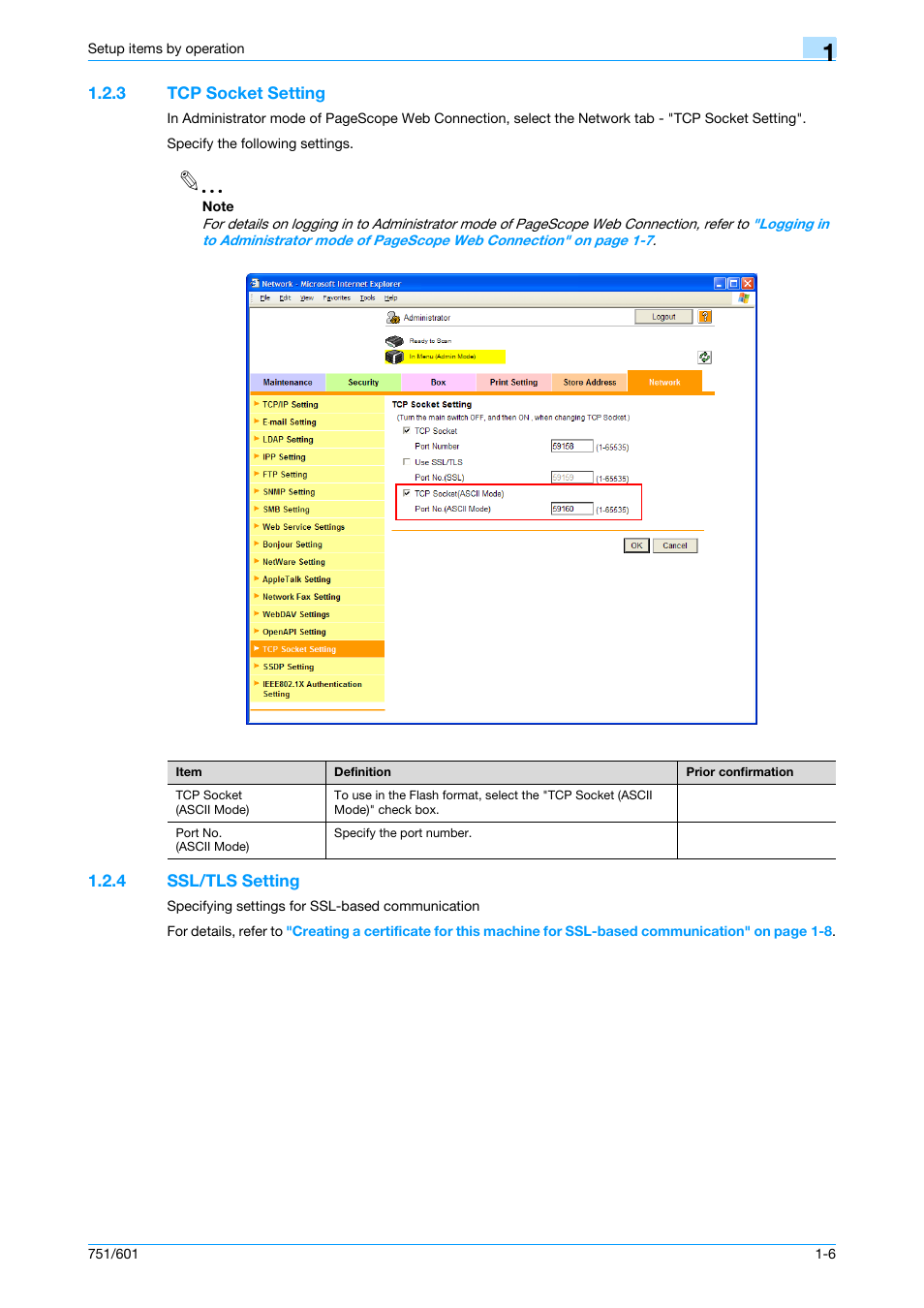 3 tcp socket setting, 4 ssl/tls setting, Tcp socket setting -6 | Ssl/tls setting -6, Tcp socket setting, Ssl/tls setting | Konica Minolta bizhub 601 User Manual | Page 19 / 233
