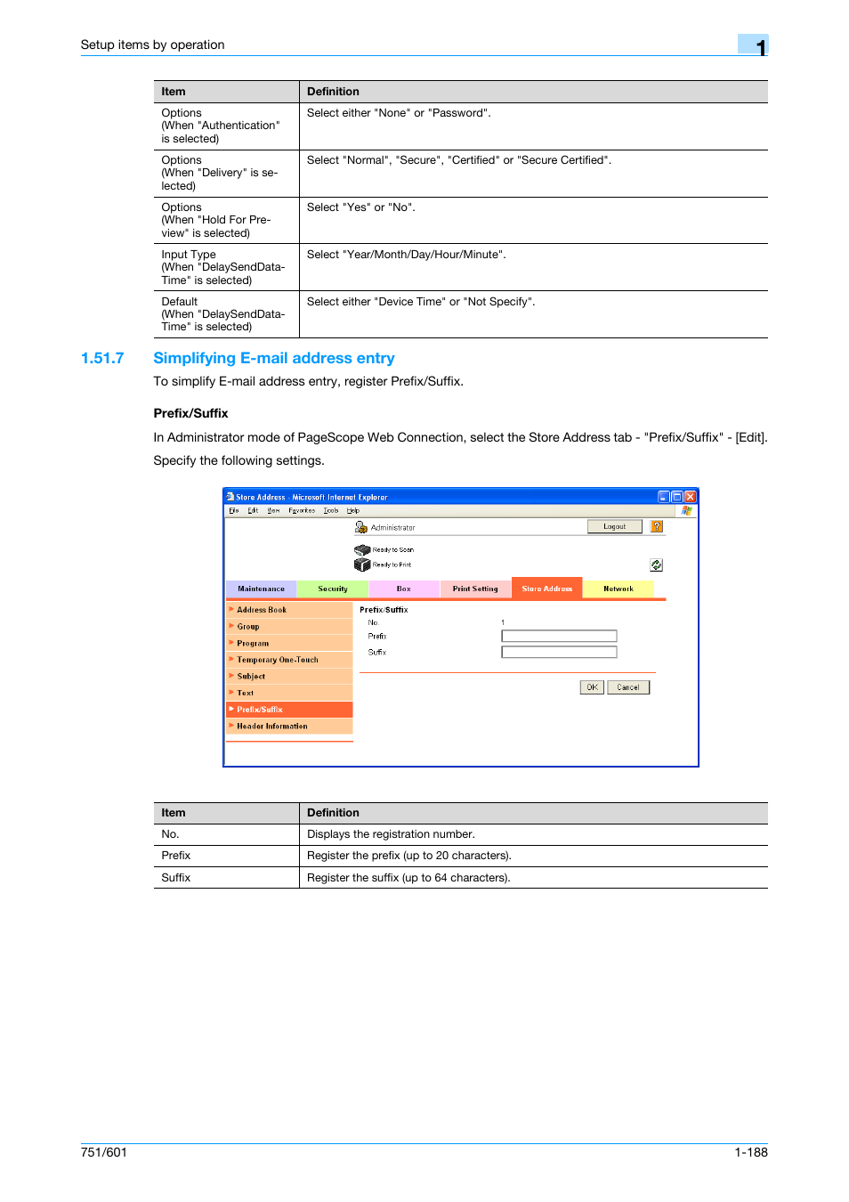7 simplifying e-mail address entry, Prefix/suffix | Konica Minolta bizhub 601 User Manual | Page 201 / 233