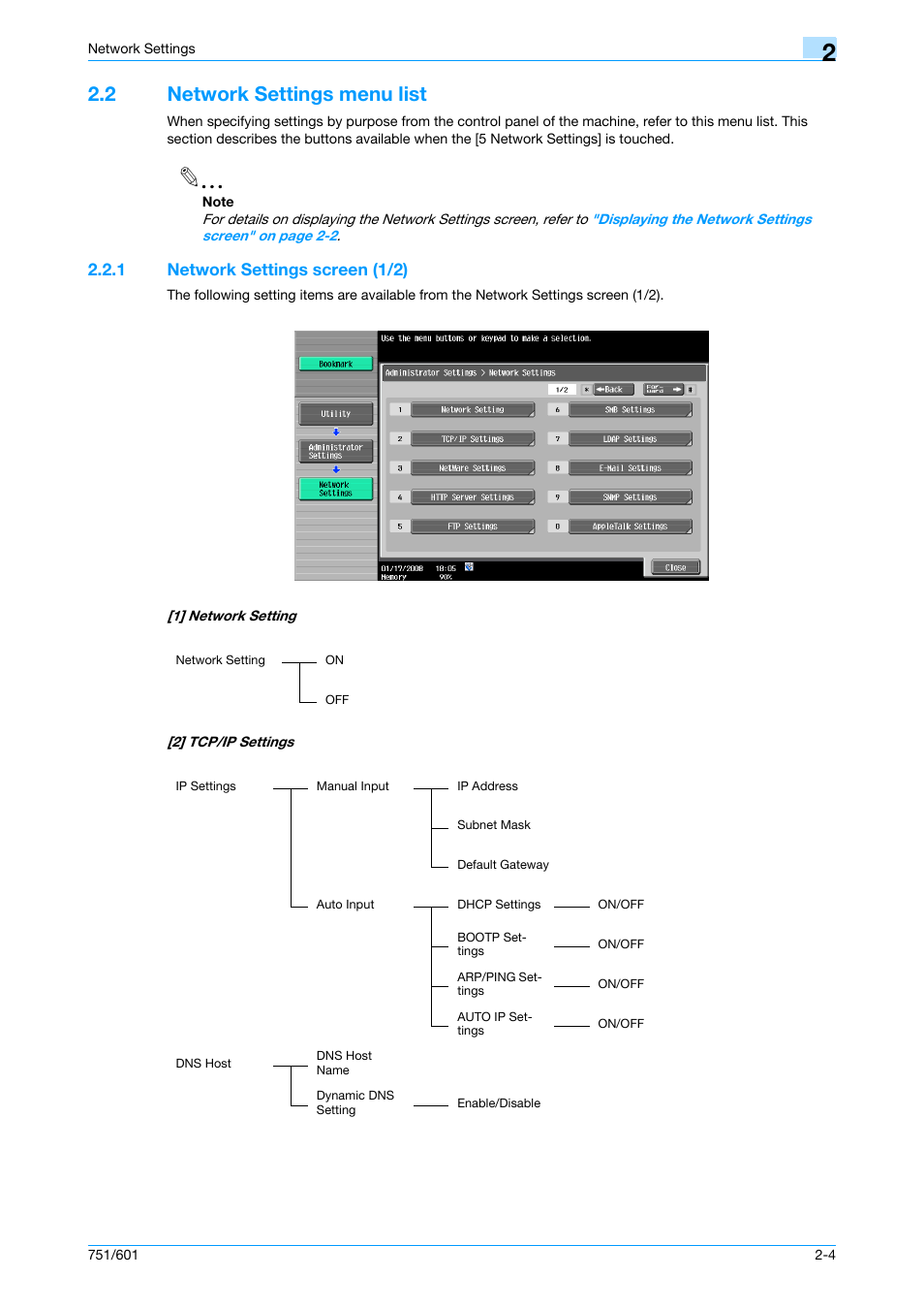 2 network settings menu list, 1 network settings screen (1/2), Network settings menu list -4 | Network settings screen (1/2) -4 | Konica Minolta bizhub 601 User Manual | Page 205 / 233