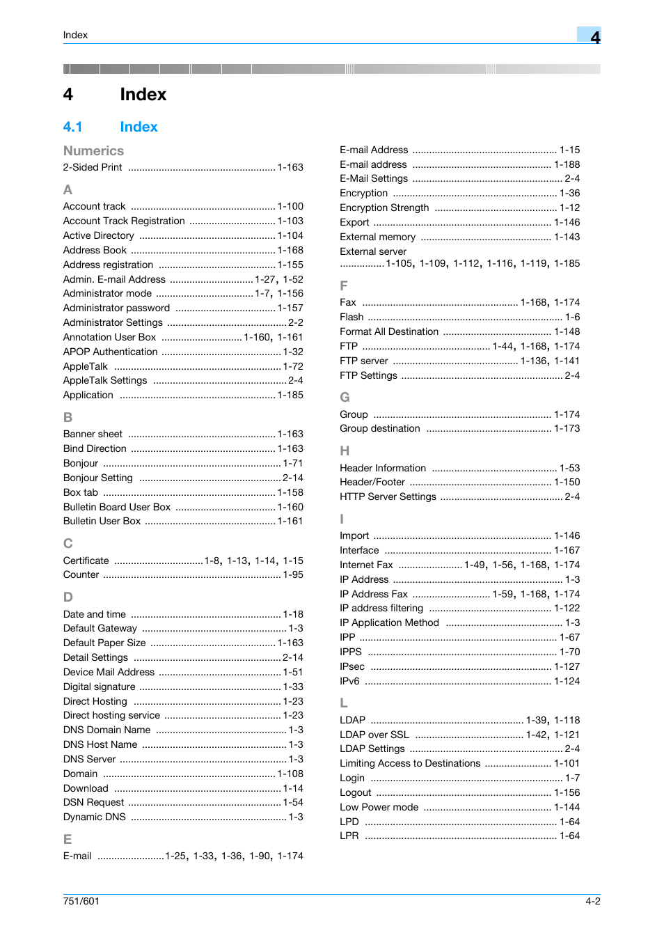 4 index, 1 index, Index | Index -2, Chapter 4 index, 4index | Konica Minolta bizhub 601 User Manual | Page 230 / 233