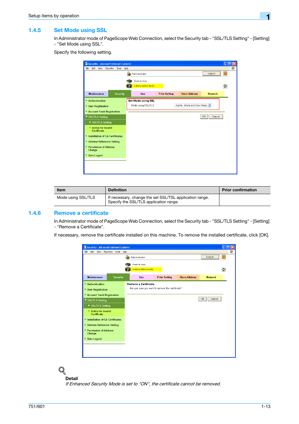 5 set mode using ssl, 6 remove a certificate, Set mode using ssl -13 | Remove a certificate -13, Set mode using ssl | Konica Minolta bizhub 601 User Manual | Page 26 / 233