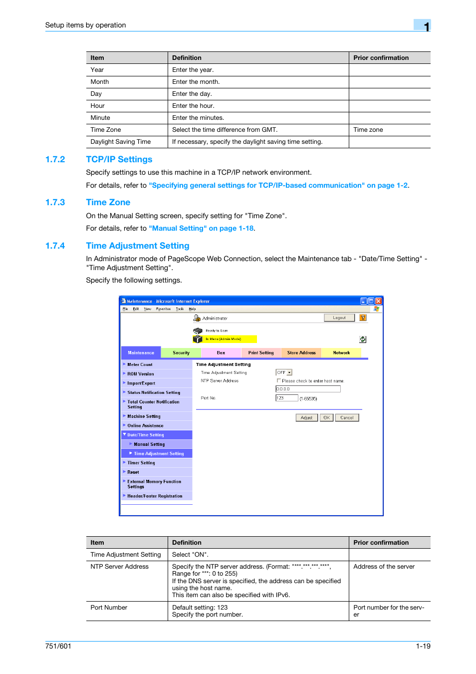 2 tcp/ip settings, 3 time zone, 4 time adjustment setting | Tcp/ip settings -19, Time zone -19, Time adjustment setting -19, Tcp/ip settings, Time zone, Time adjustment setting | Konica Minolta bizhub 601 User Manual | Page 32 / 233