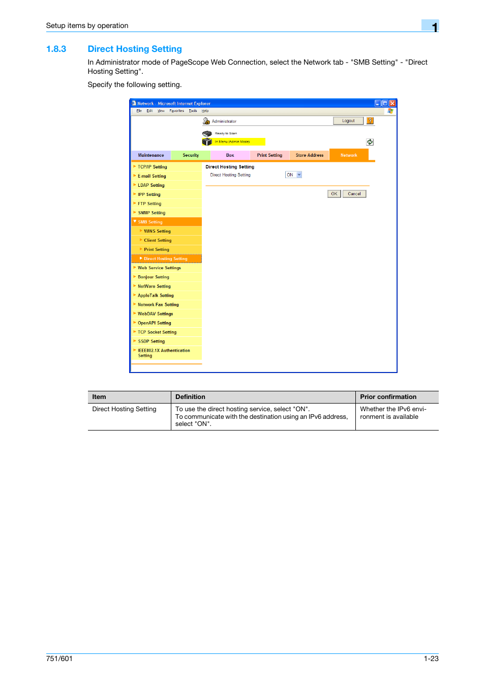 3 direct hosting setting, Direct hosting setting -23, Direct hosting setting | Konica Minolta bizhub 601 User Manual | Page 36 / 233