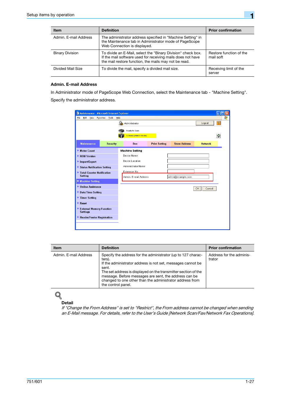 Admin. e-mail address, Admin. e-mail address -27 | Konica Minolta bizhub 601 User Manual | Page 40 / 233