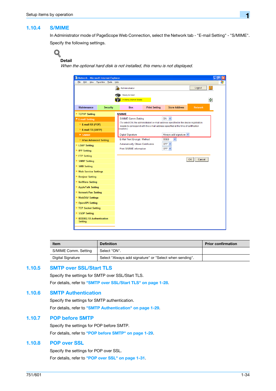 4 s/mime, 5 smtp over ssl/start tls, 6 smtp authentication | 7 pop before smtp, 8 pop over ssl, S/mime -34, Smtp over ssl/start tls -34, Smtp authentication -34, Pop before smtp -34, Pop over ssl -34 | Konica Minolta bizhub 601 User Manual | Page 47 / 233