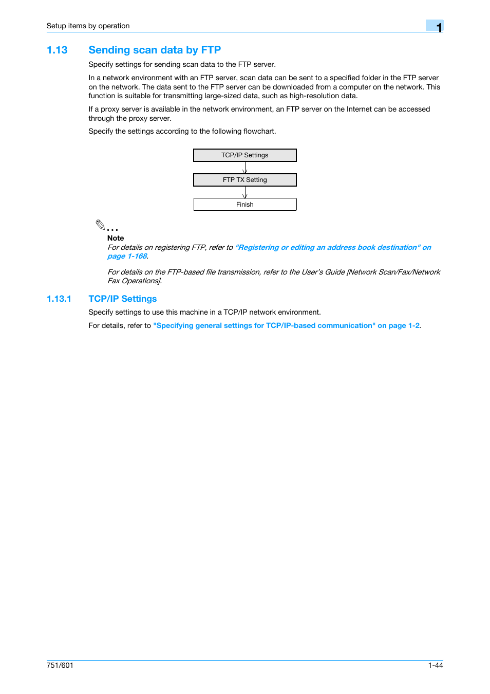 13 sending scan data by ftp, 1 tcp/ip settings, Sending scan data by ftp -44 | Tcp/ip settings -44 | Konica Minolta bizhub 601 User Manual | Page 57 / 233