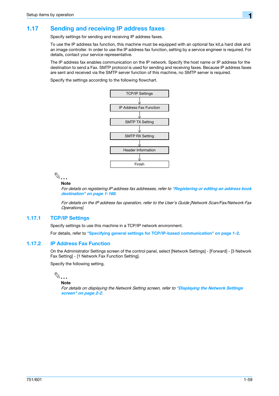 17 sending and receiving ip address faxes, 1 tcp/ip settings, 2 ip address fax function | Sending and receiving ip address faxes -59, Tcp/ip settings -59, Ip address fax function -59 | Konica Minolta bizhub 601 User Manual | Page 72 / 233