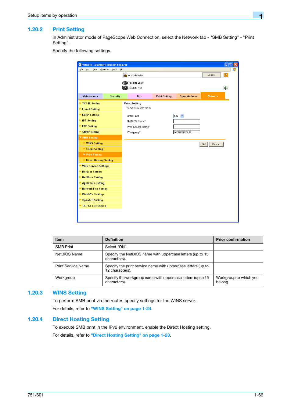 2 print setting, 3 wins setting, 4 direct hosting setting | Print setting -66, Wins setting -66, Direct hosting setting -66, Print setting | Konica Minolta bizhub 601 User Manual | Page 79 / 233