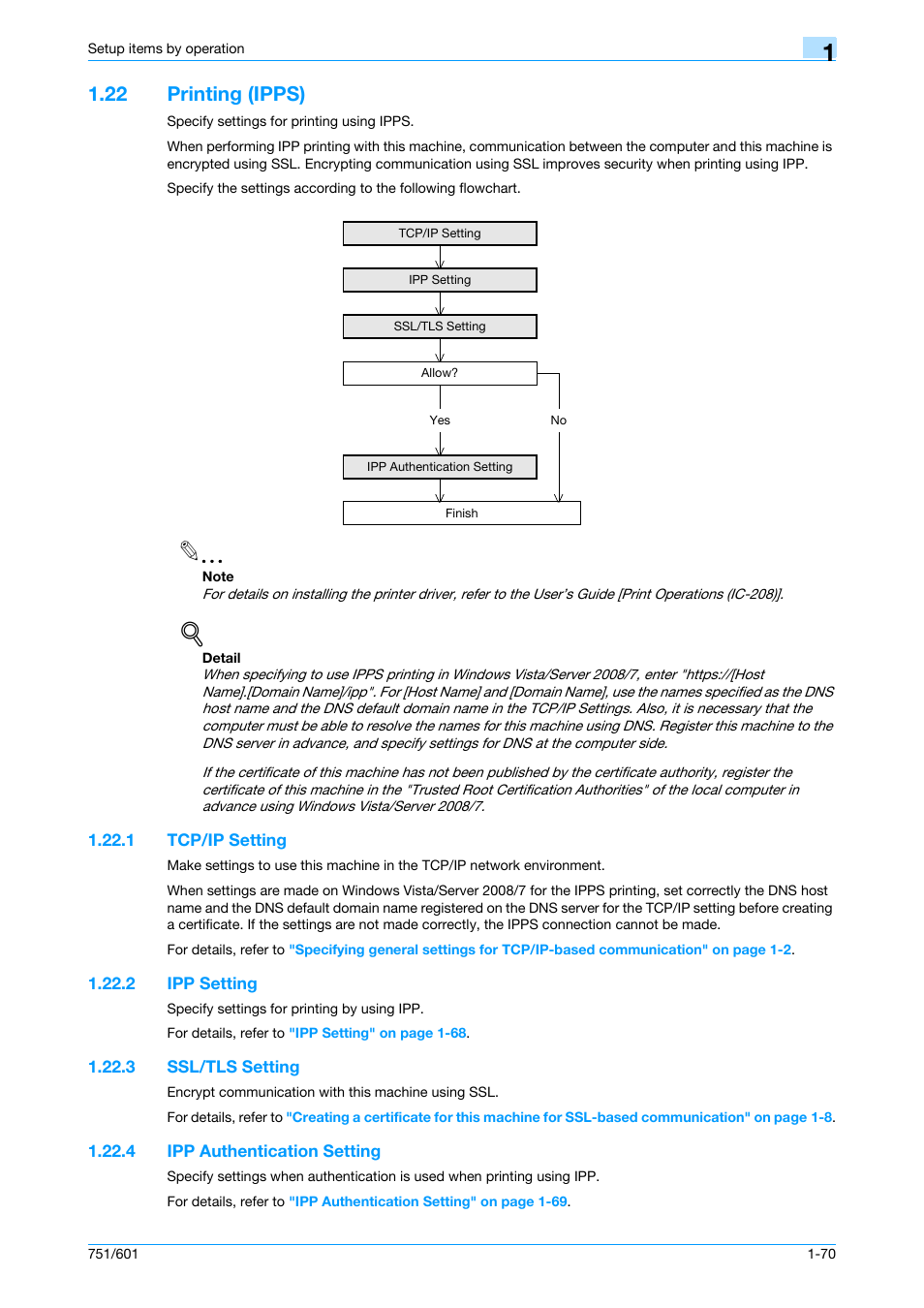 22 printing (ipps), 1 tcp/ip setting, 2 ipp setting | 3 ssl/tls setting, 4 ipp authentication setting, Printing (ipps) -70, Tcp/ip setting -70, Ipp setting -70, Ssl/tls setting -70, Ipp authentication setting -70 | Konica Minolta bizhub 601 User Manual | Page 83 / 233